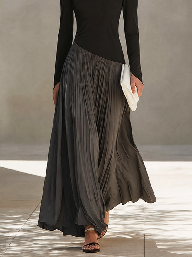 Geneviève - Robe Longue Plissée Noir & Gris