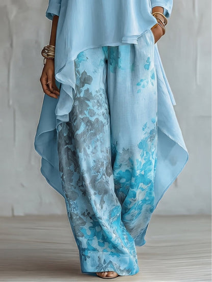Clara - Ensemble top asymétrique bleu et pantalon large