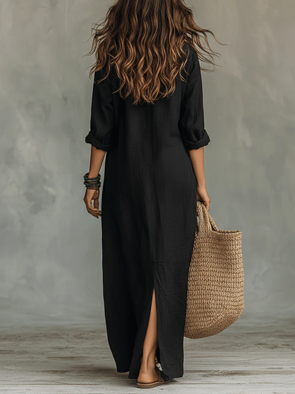 Solène | Robe longue fluide boutonnée noire