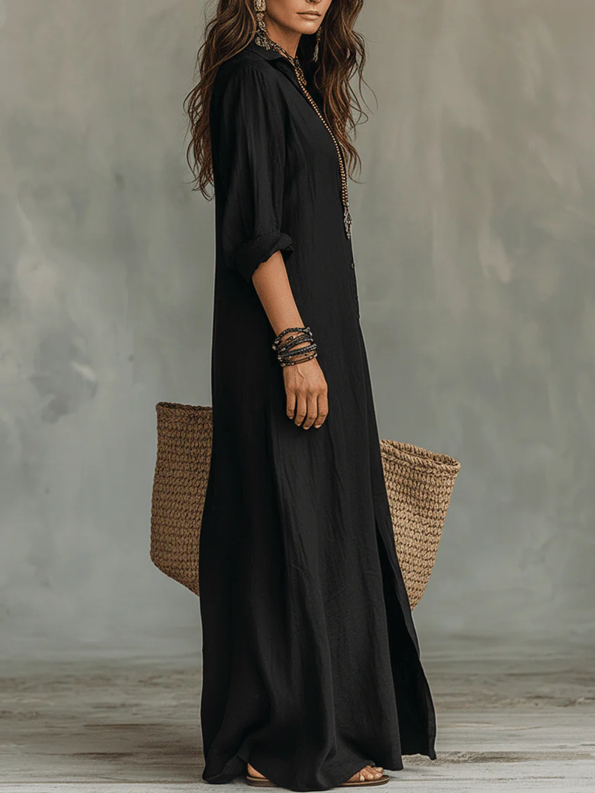 Solène | Robe longue fluide boutonnée noire