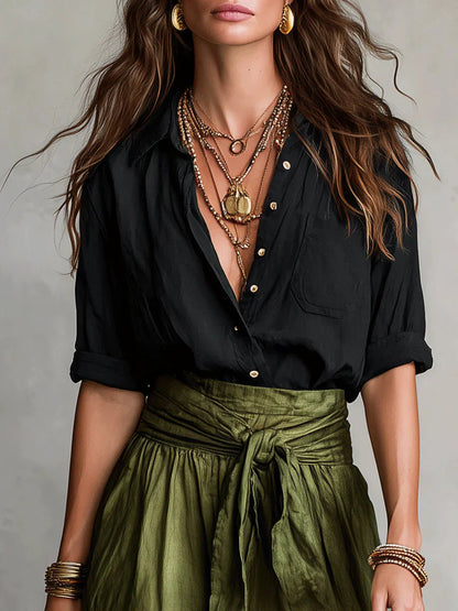 Elarisse - Ensemble deux pièces avec chemise noire et jupe midi vert olive