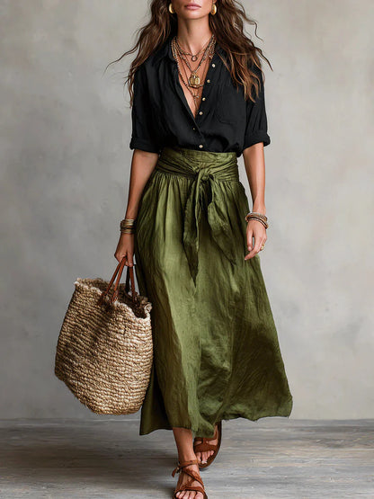 Elarisse - Ensemble deux pièces avec chemise noire et jupe midi vert olive