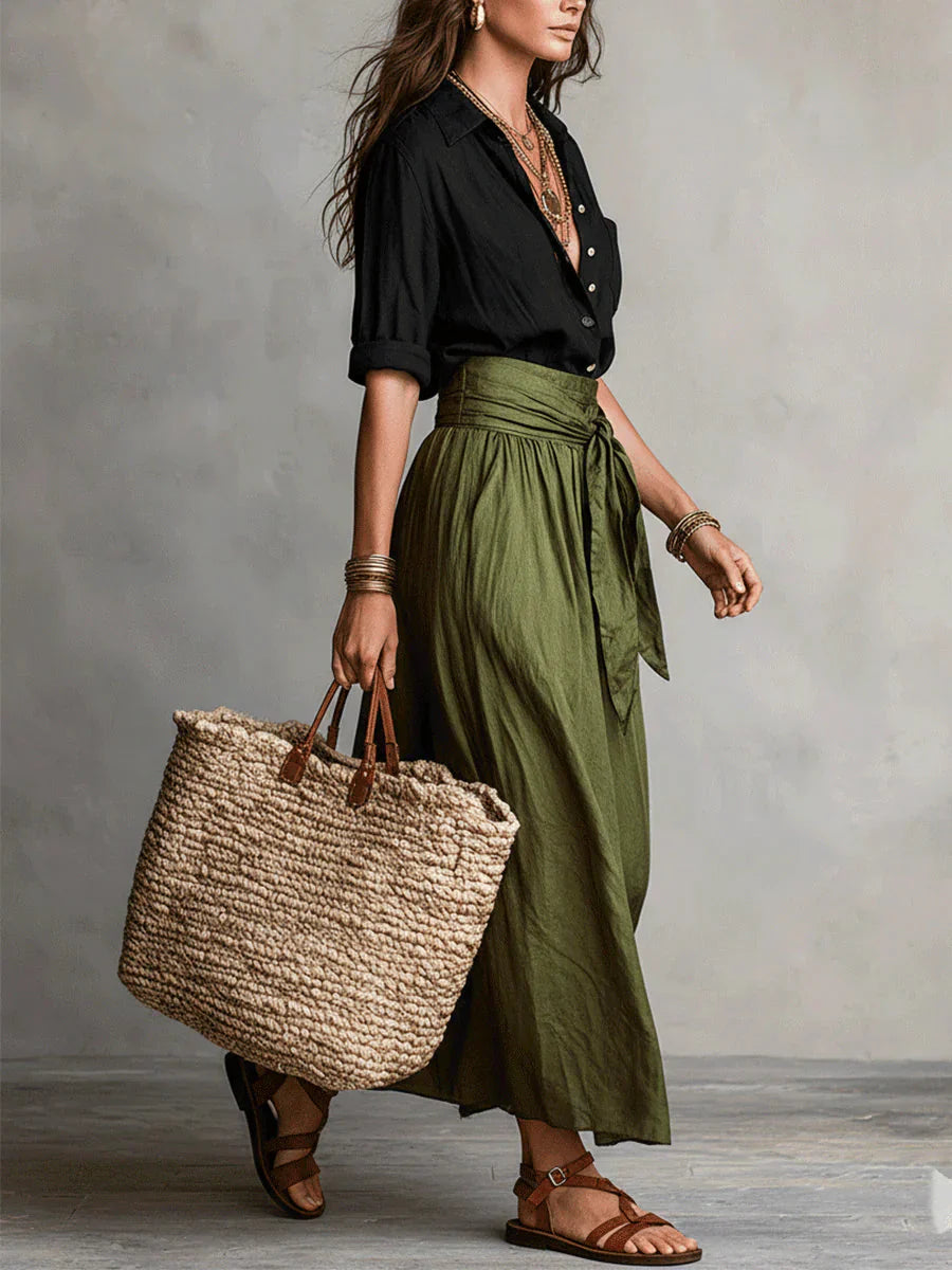 Elarisse - Ensemble deux pièces avec chemise noire et jupe midi vert olive