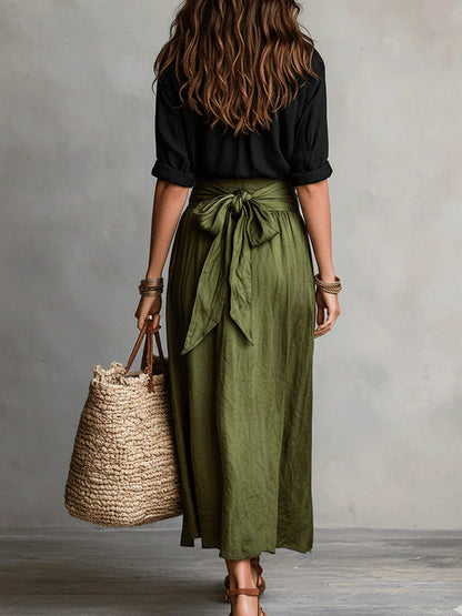 Elarisse - Ensemble deux pièces avec chemise noire et jupe midi vert olive