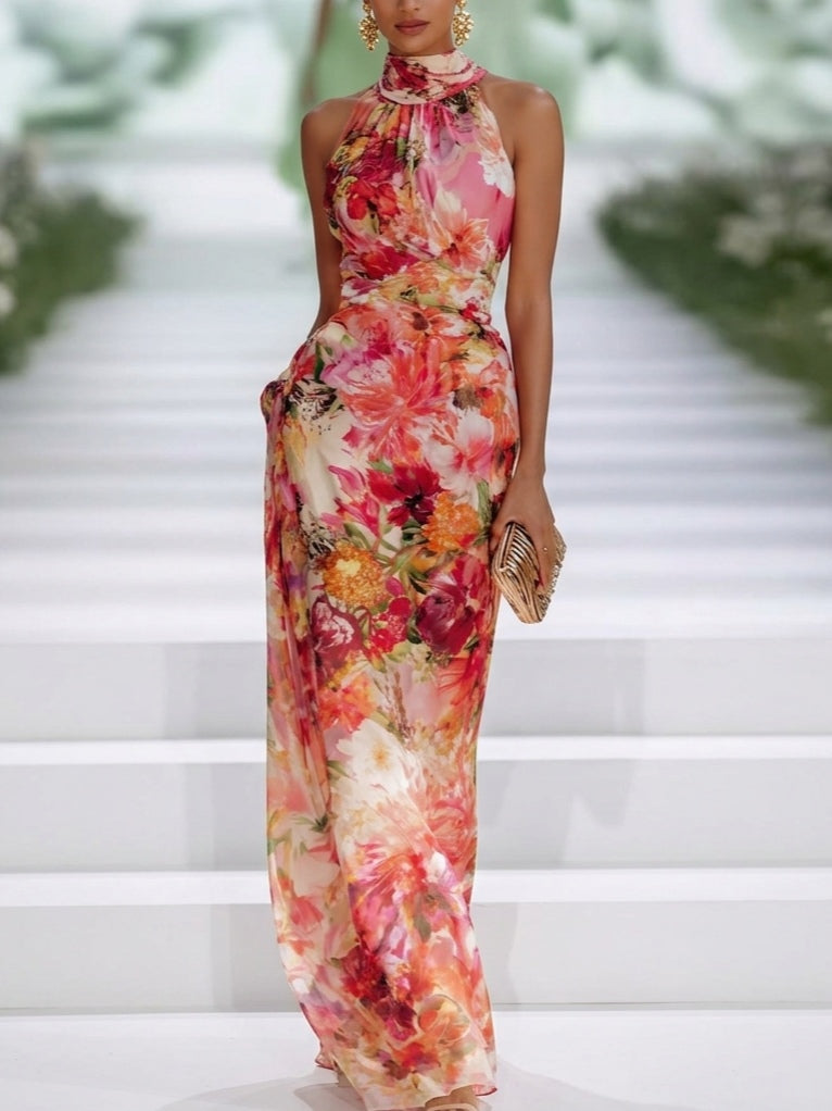 Fiorella - Robe longue florale en mousseline à col halter