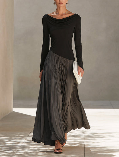 Geneviève - Robe Longue Plissée Noir & Gris