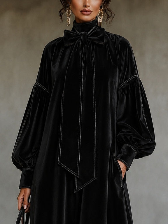Théodora - Robe Noire Midi à Nœud